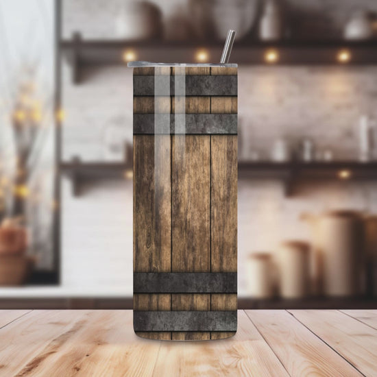 20oz stainless steel tumbler featuring a rustic ‘Wood Barrel’ design. Sized for Starbucks Venti drinks, it offers double-wall insulation to keep beverages hot for up to 6 hours and cold for up to 12 hours. Comes with a spill-resistant lid and straw. Eco-friendly and reusable. Actual product color may vary from the images shown.