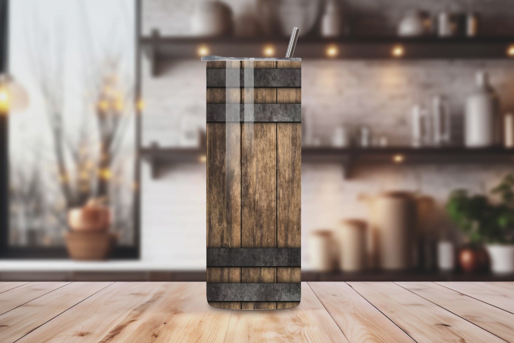 20oz stainless steel tumbler featuring a rustic ‘Wood Barrel’ design. Sized for Starbucks Venti drinks, it offers double-wall insulation to keep beverages hot for up to 6 hours and cold for up to 12 hours. Comes with a spill-resistant lid and straw. Eco-friendly and reusable. Actual product color may vary from the images shown.