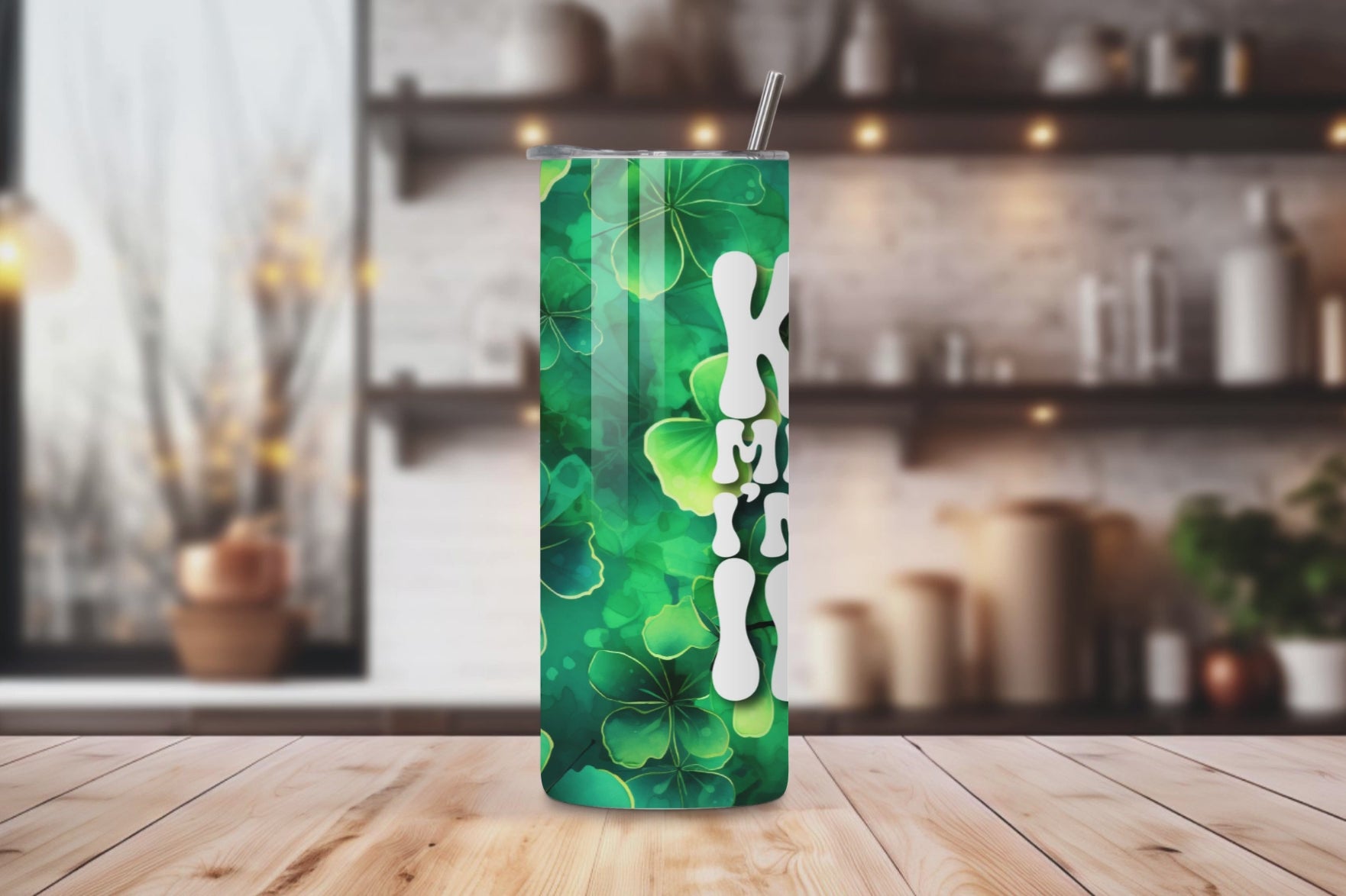 20oz stainless steel tumbler featuring a vibrant ‘Kiss Me I’m Irish’ design with shamrocks. Sized for Starbucks Venti drinks, it offers double-wall insulation to keep beverages hot for up to 6 hours and cold for up to 12 hours. Includes a spill-resistant lid and straw. Eco-friendly and reusable. Actual product color may vary from the images shown.