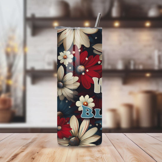 20oz stainless steel tumbler featuring a patriotic ‘Red White and Blessed’ design with red, white, and blue floral accents. Sized for Starbucks Venti drinks, it offers double-wall insulation to keep beverages hot for up to 6 hours and cold for up to 12 hours. Includes a spill-resistant lid and straw. Eco-friendly and reusable. Actual product color may vary from the images shown.