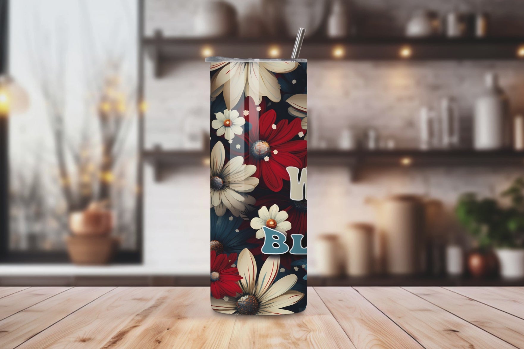 20oz stainless steel tumbler featuring a patriotic ‘Red White and Blessed’ design with red, white, and blue floral accents. Sized for Starbucks Venti drinks, it offers double-wall insulation to keep beverages hot for up to 6 hours and cold for up to 12 hours. Includes a spill-resistant lid and straw. Eco-friendly and reusable. Actual product color may vary from the images shown.