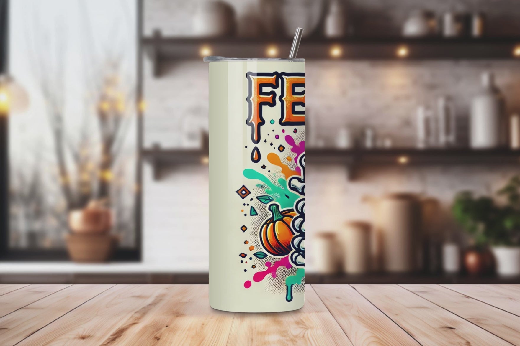 20oz stainless steel tumbler featuring a vibrant ‘Feeling Pumpkin Spice’ design with a skeleton hand holding a pumpkin spice latte. Sized for Starbucks Venti drinks, it offers double-wall insulation to keep beverages hot for up to 6 hours and cold for up to 12 hours. Comes with a spill-resistant lid and straw. Eco-friendly and reusable. Actual product color may vary from the images shown.