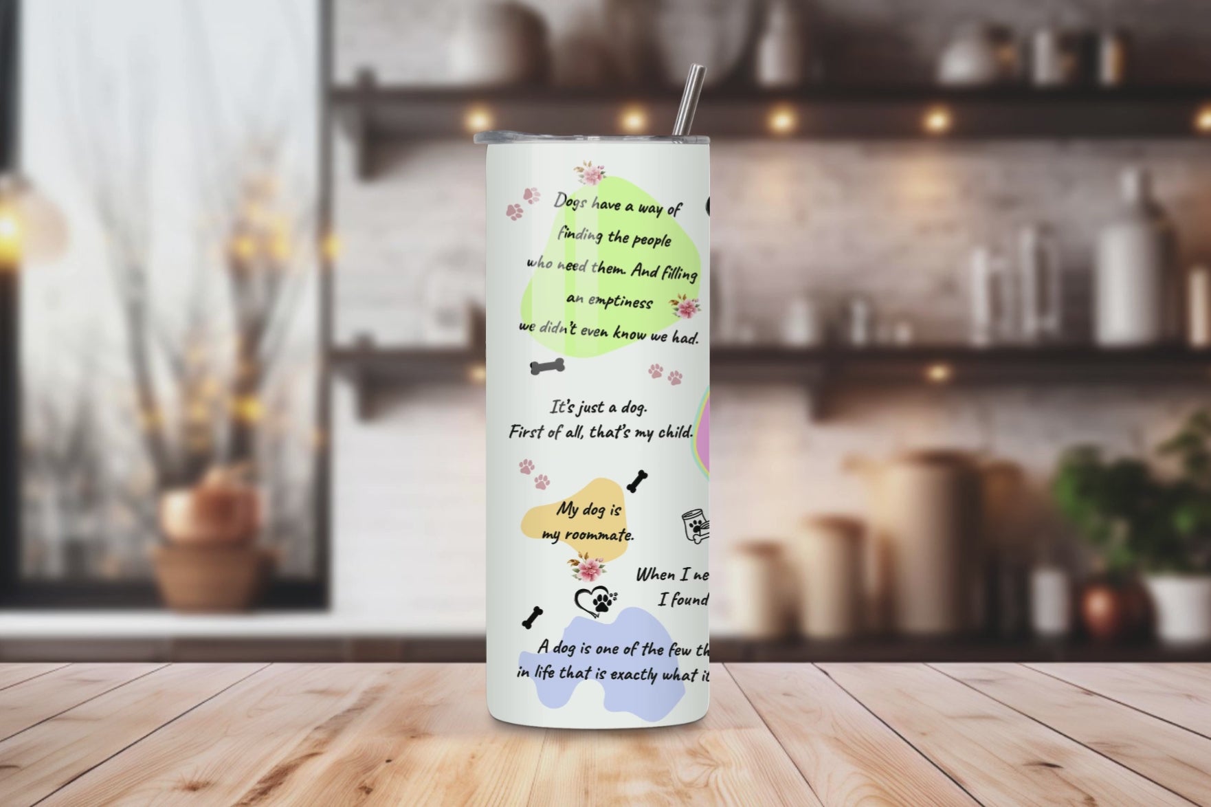 20oz stainless steel tumbler with a cute ‘Dog Mom’ design, sized for Starbucks Venti drinks. Features playful dog-themed quotes and paw prints with double-wall insulation to keep beverages hot for up to 6 hours and cold for up to 12 hours. Comes with a spill-resistant lid and straw. Eco-friendly and reusable. Actual product color may vary from the images shown.