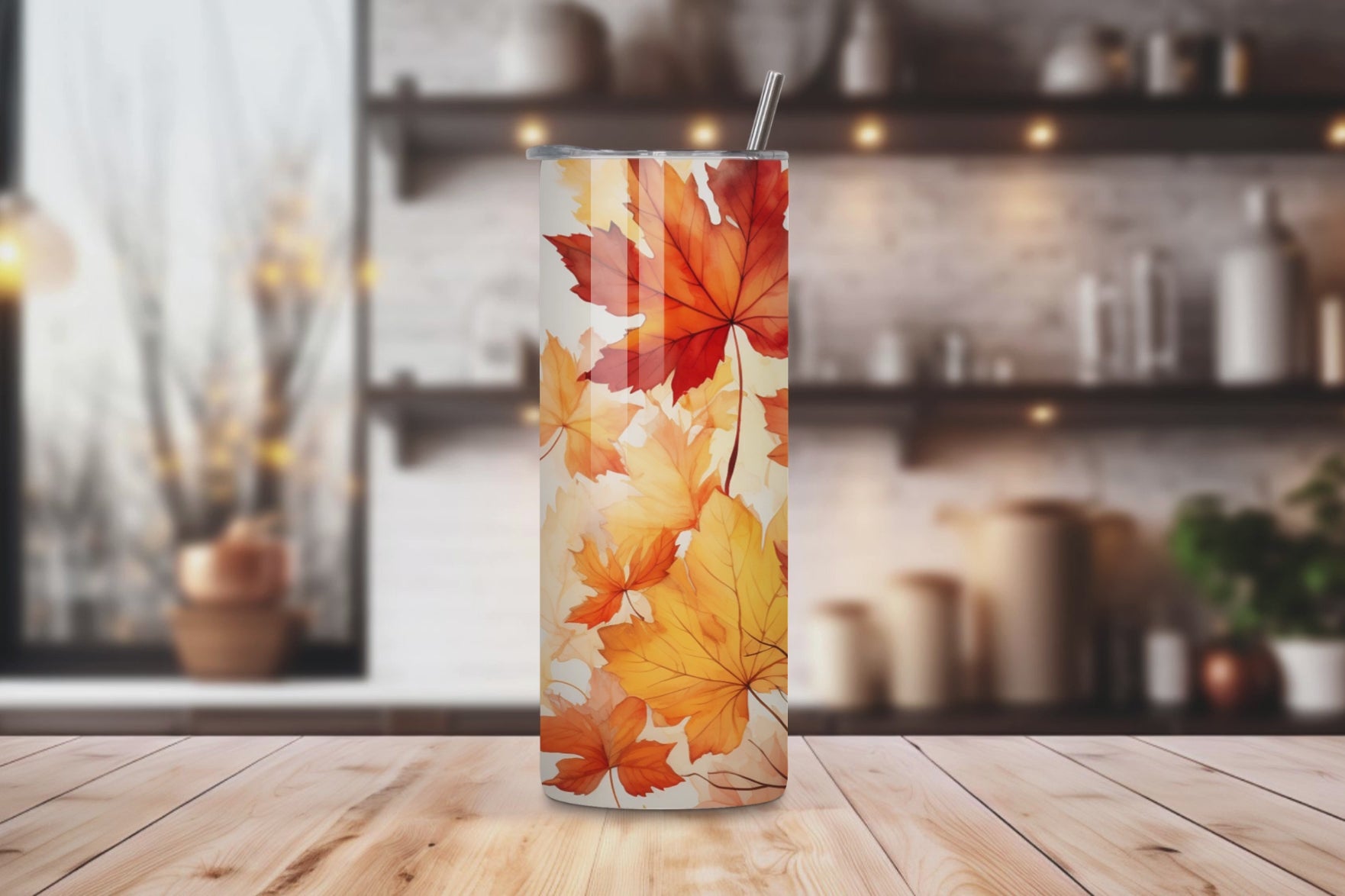 20oz stainless steel tumbler with a vibrant autumn leaves design, sized for Starbucks Venti drinks. Features double-wall insulation that keeps beverages hot for up to 6 hours and cold for up to 12 hours. Comes with a spill-resistant lid and straw, perfect for eco-friendly, reusable travel. Actual product color may vary from the images shown.